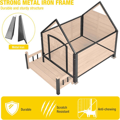 AIVITUVIN Dog House Outdoor Anti-Bite Metal Frame Design Wooden Dog Kennel Outside with Elevated