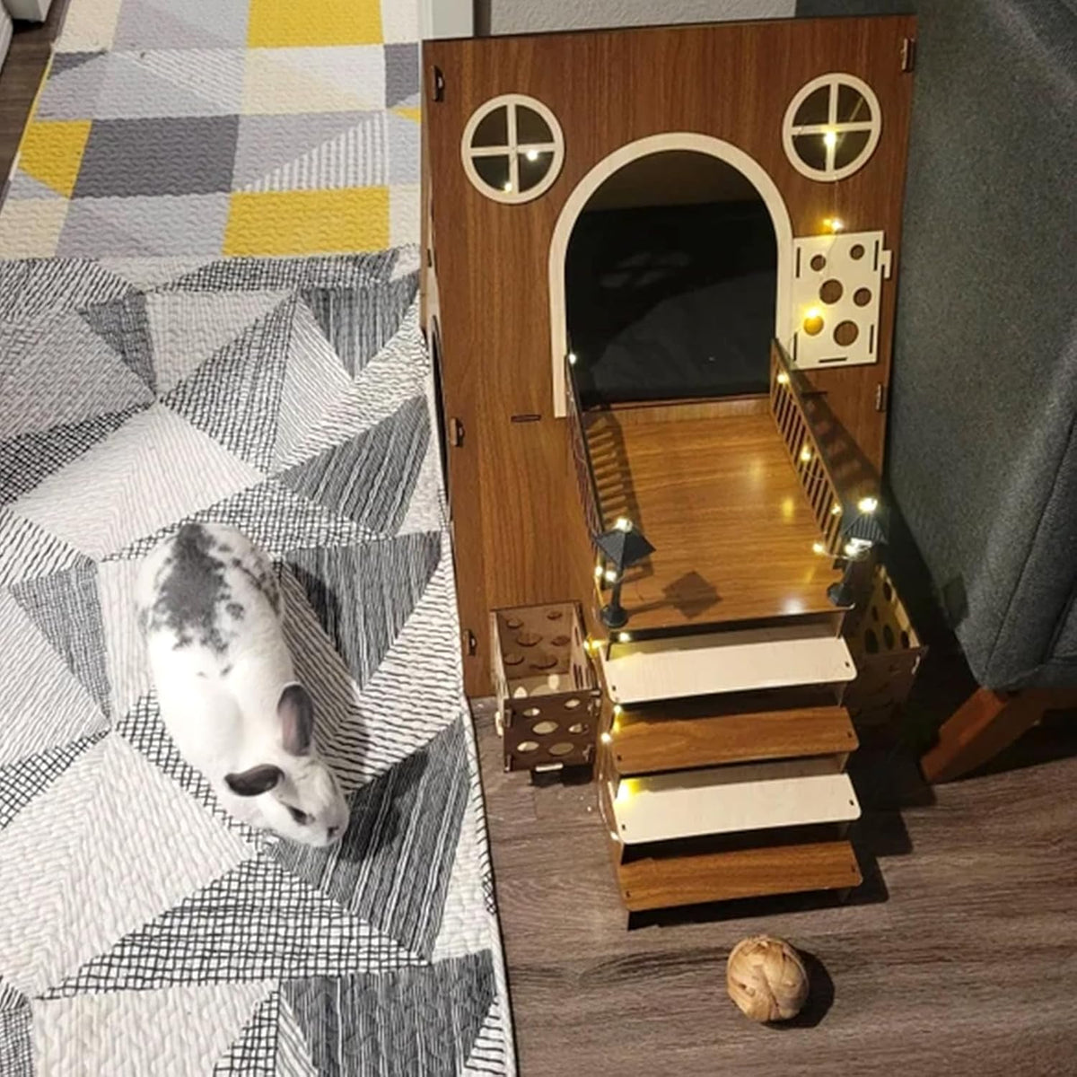 Large Modern Wooden Rabbit Castle House Hutch - Bunny Hideout Indoor Habitats - Pet 2-Story Home