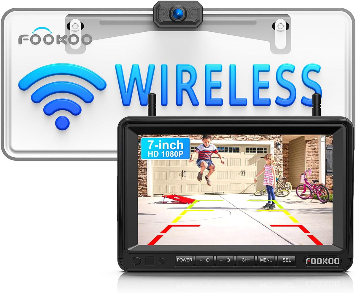 Fookoo HD 1080P 7-inch Wireless Backup Camera, 7" Split Screen Monitor + Rear View Licence Plate