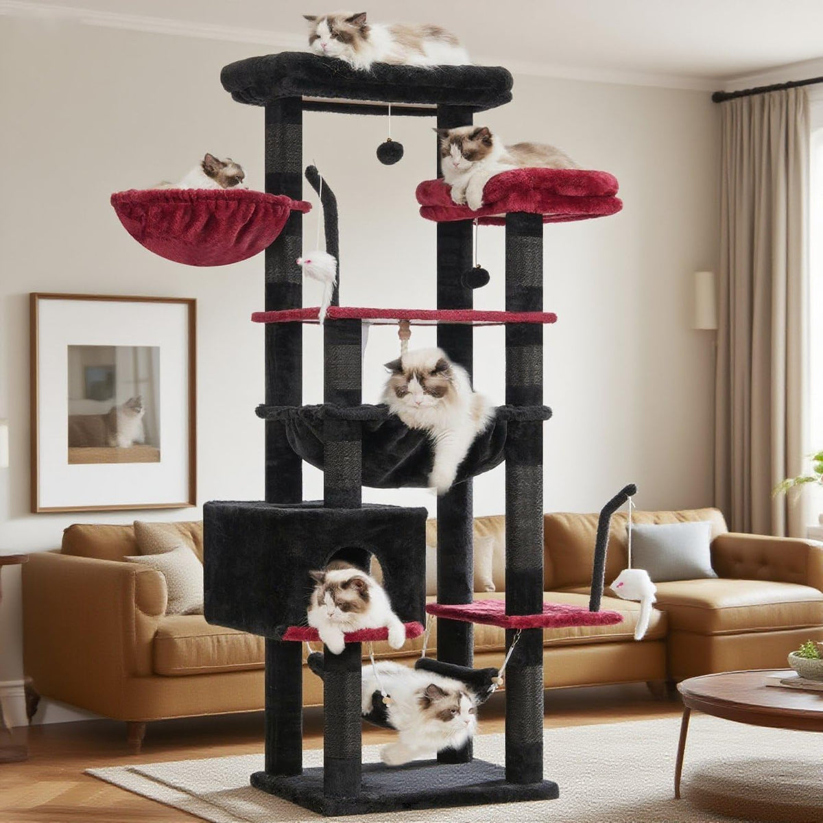 Gothic Cat Tree, Cat Tower for Large Cats with 2 Big Platforms, 2 Baskets, condo and Toys, 63" Cat
