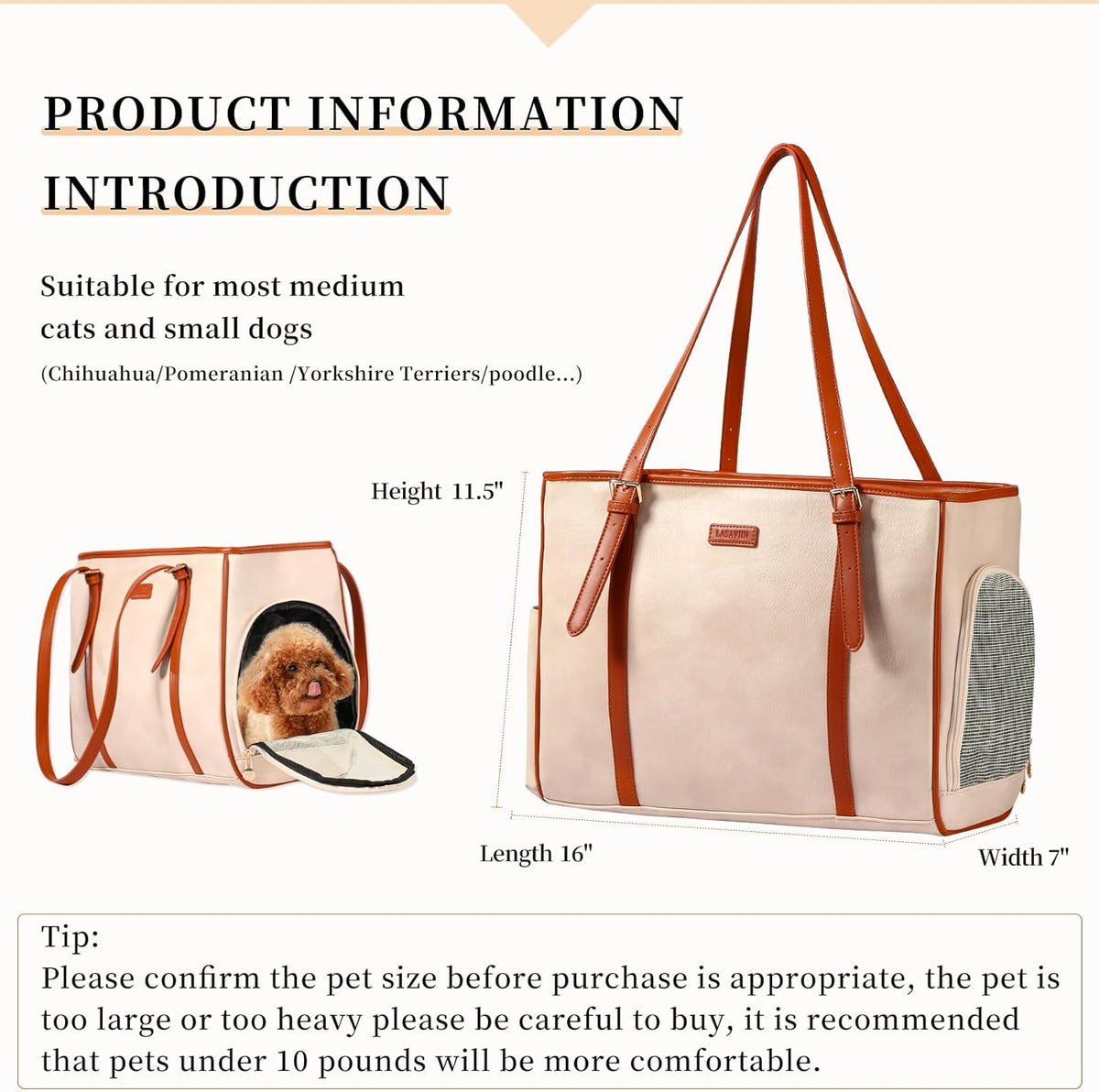 Fashion Dog Purse Pet Carrier Leather Bag for Small Dogs Cats Puppy, Portable Tote Bag Airline