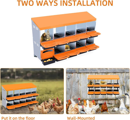 Chicken Nesting Boxes, 10 Hole Metal Chicken Laying Box with with Removable Trays and Roll Out Egg