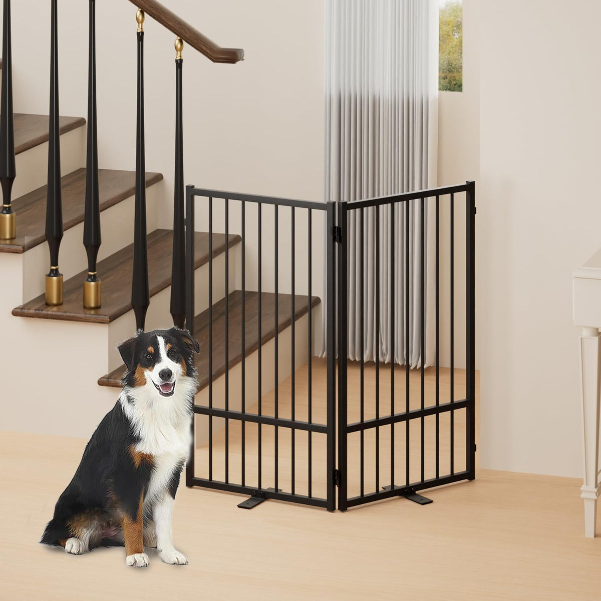 Full Metal Freestanding Dog Gate with Door, 36''Height Foldable Pet Dog Fence for Indoor & Outdoor