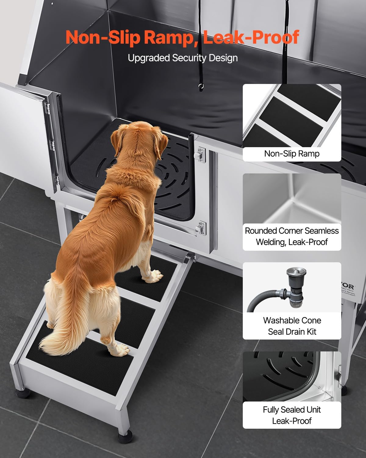 VEVOR Stainless Steel Dog Washing Station, 50 inch Pet Grooming Tub w/Ramp, PE Water Filter Board