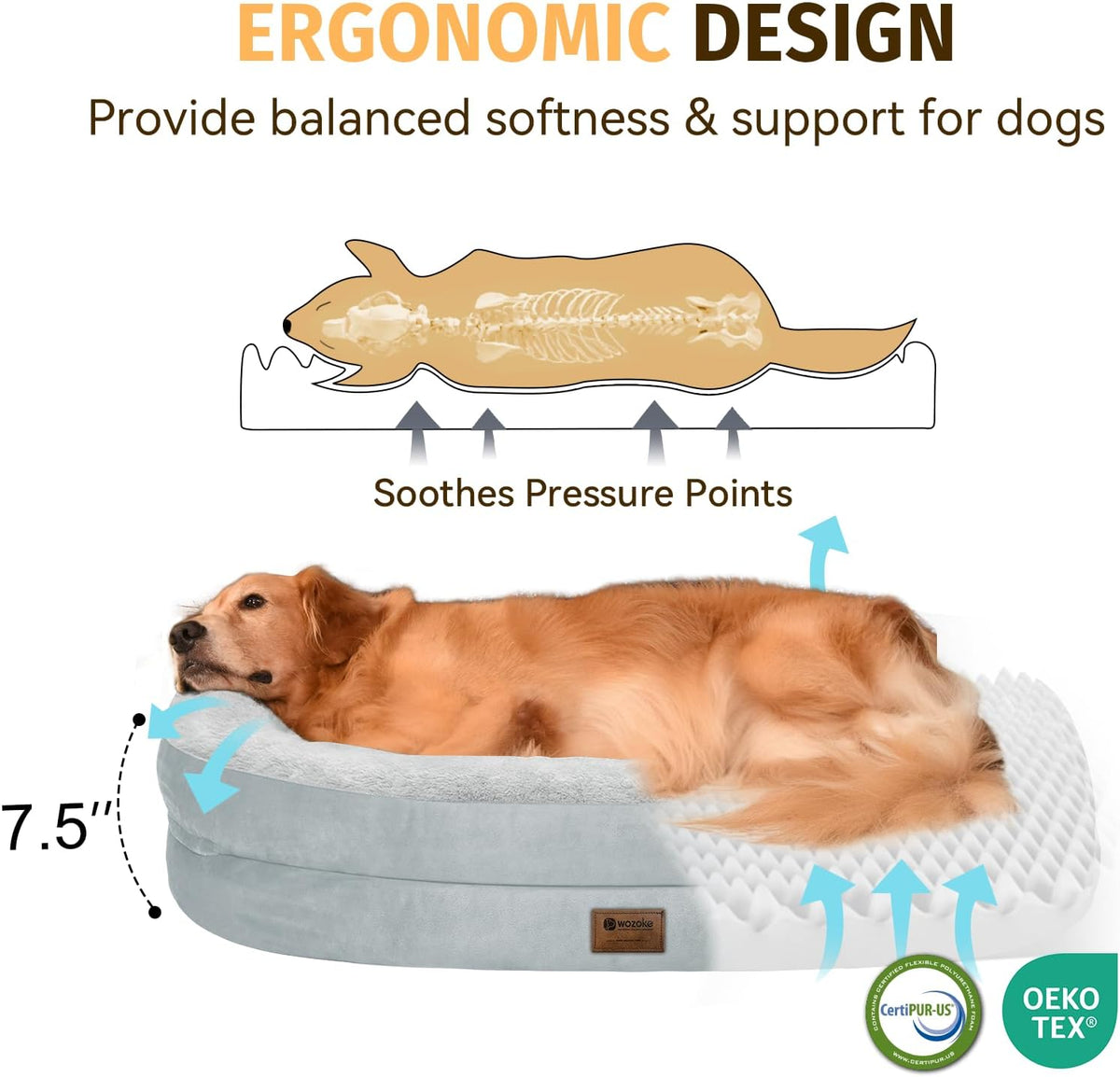 Orthopedic Waterproof Large Dog Bed: Memory Foam Washable Dog Bed with Bolsters - XL Removable