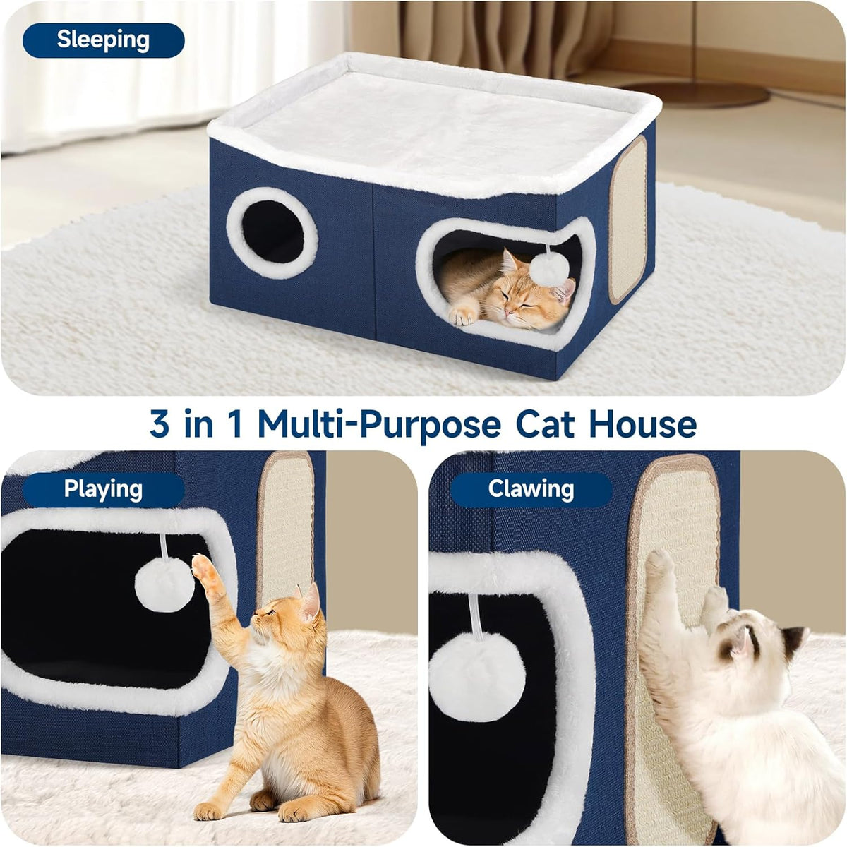 Cat Beds for Indoor Cats, Extra Wide Cat Cube House for Multi Cats, Foldable Cat Cave Hideaway with