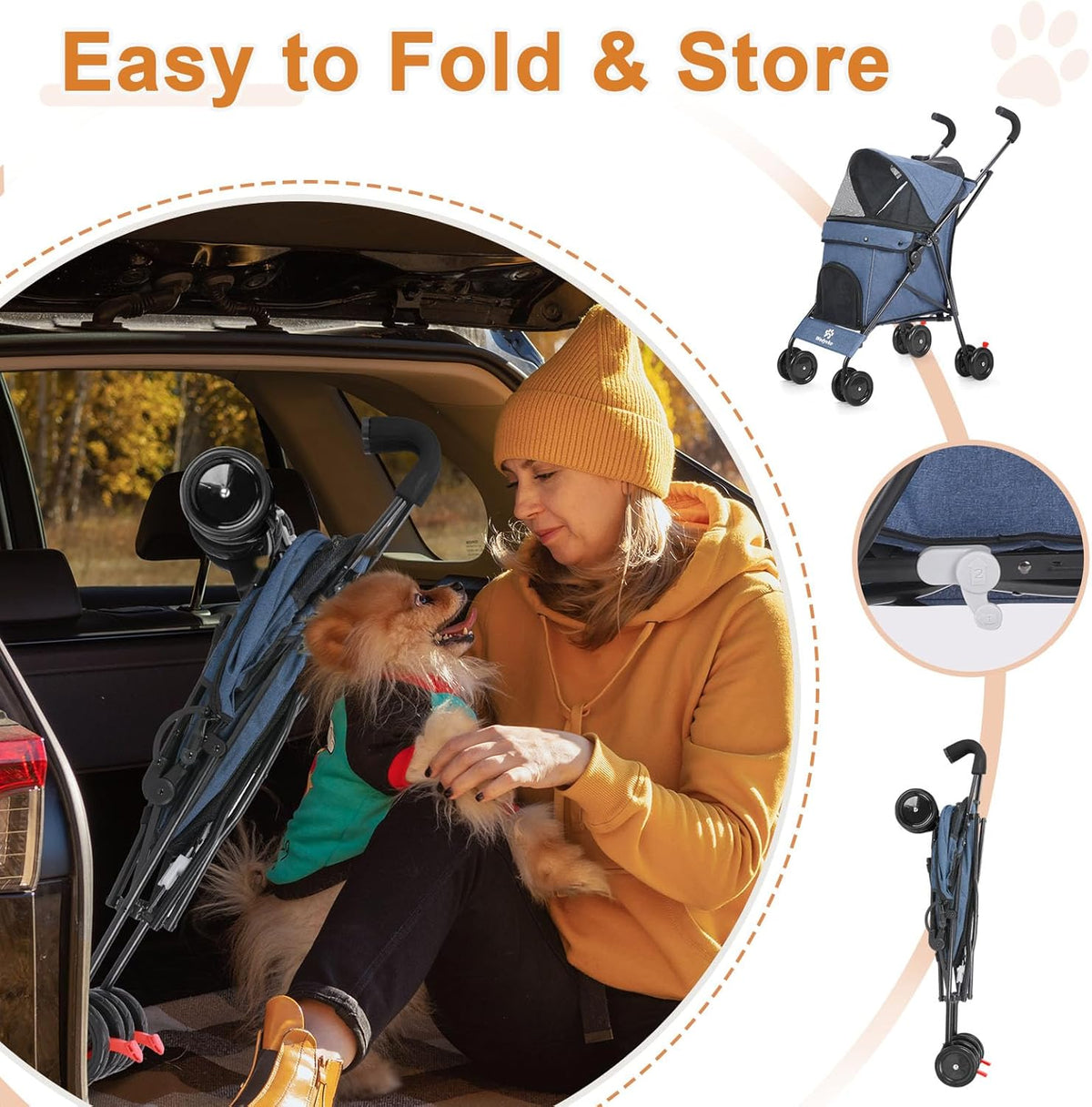 Wedyvko Travel Portable Dog Stroller, Pet Stroller for Small Puppy Dogs & Cats, Up to 33 lbs, Navy