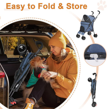Wedyvko Travel Portable Dog Stroller, Pet Stroller for Small Puppy Dogs & Cats, Up to 33 lbs, Navy