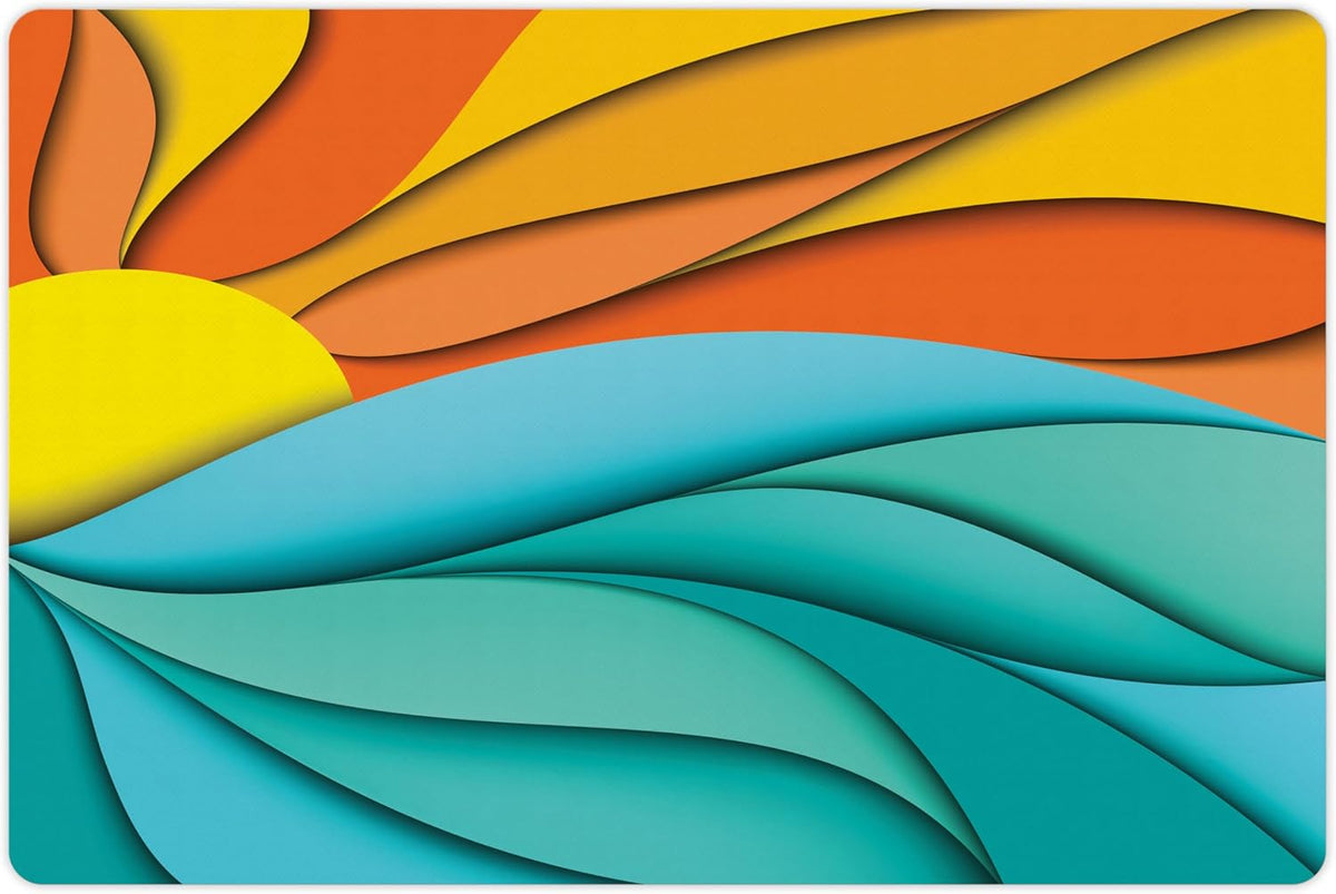 Lunarable Sun Pet Mat for Food and Water, Abstract Sunset and Sunrise Concept Ocean Sea Waves