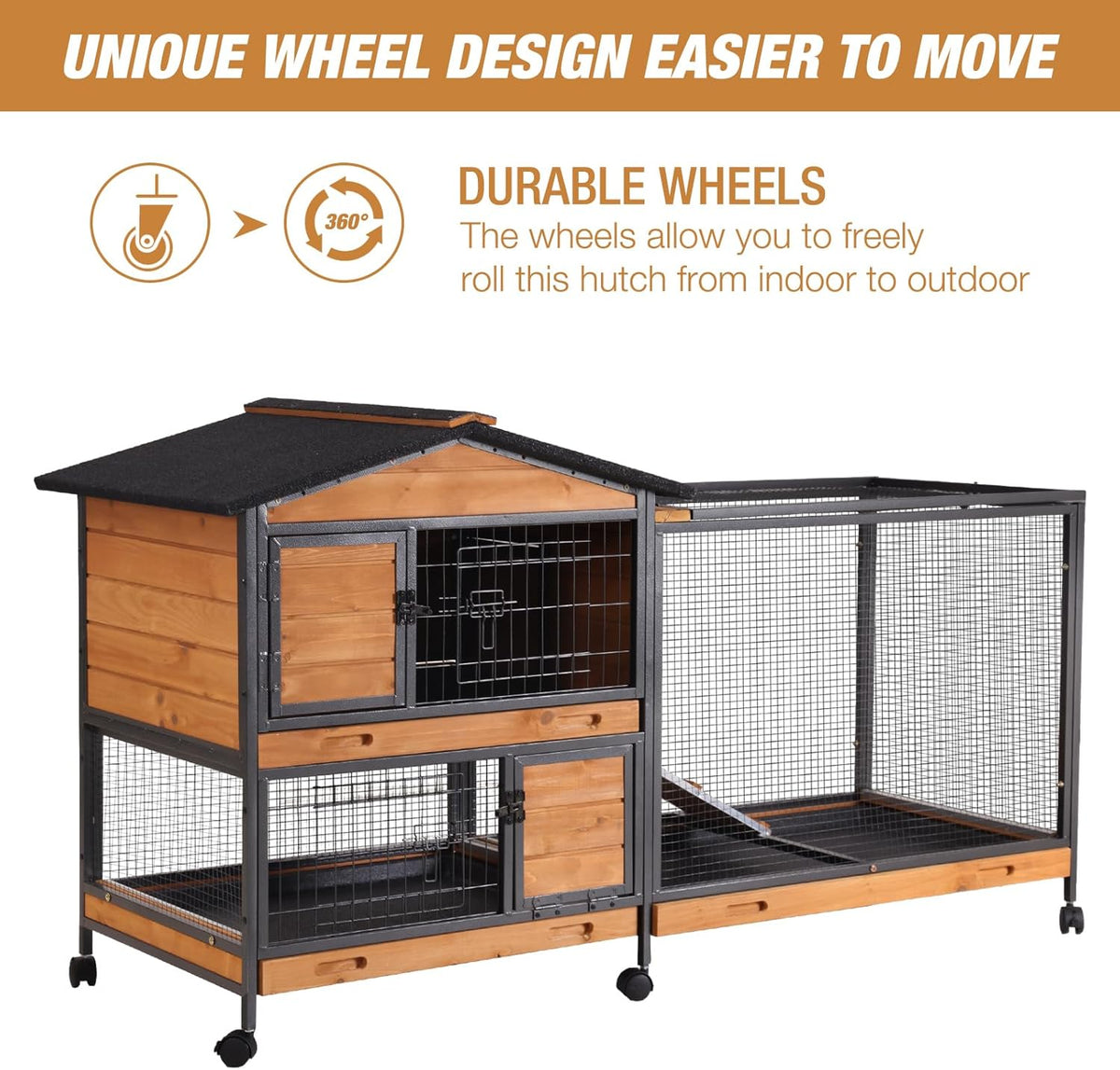 Rabbit Hutch Bunny Cage Strong Iron Frame Rabbit Cage Indoor and Outdoor Chicken Coop with Casters