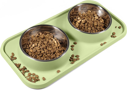 Cat Food Bowls, Cat Bowls Non-Skid and Non-Spill Silicone Pads with PP Stand, Removable Stainless