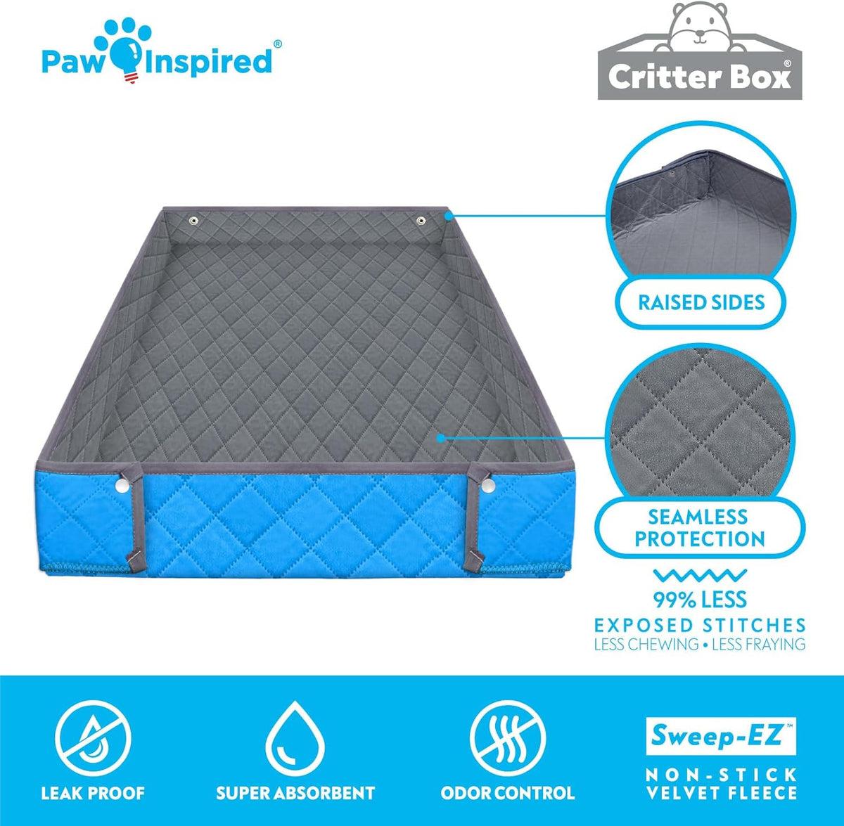 Paw Inspired Critter Box Washable Cage Liner, Reversible Fleece Bedding with Raised Sides for