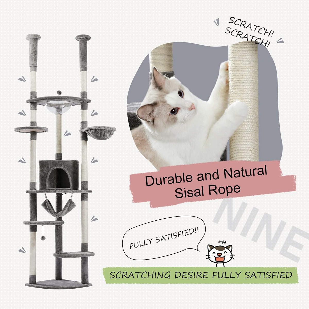 PEQULTI Floor to Ceiling Cat Tree 92.9’’-101.6’’ Height Adjustable Cat Tower Tall Kitty Climbing
