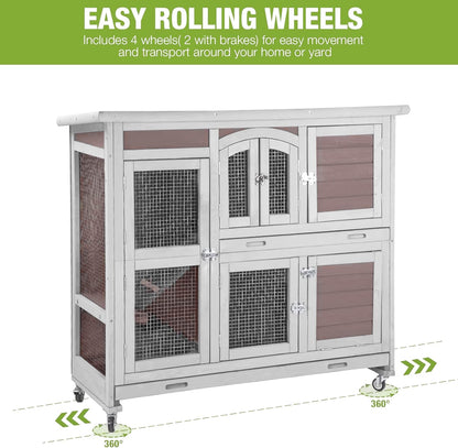 GUTINNEEN Rabbit Hutch Indoor Outdoor Bunny House Guinea Pig Cage on Wheel with Plastic Tray 47inch
