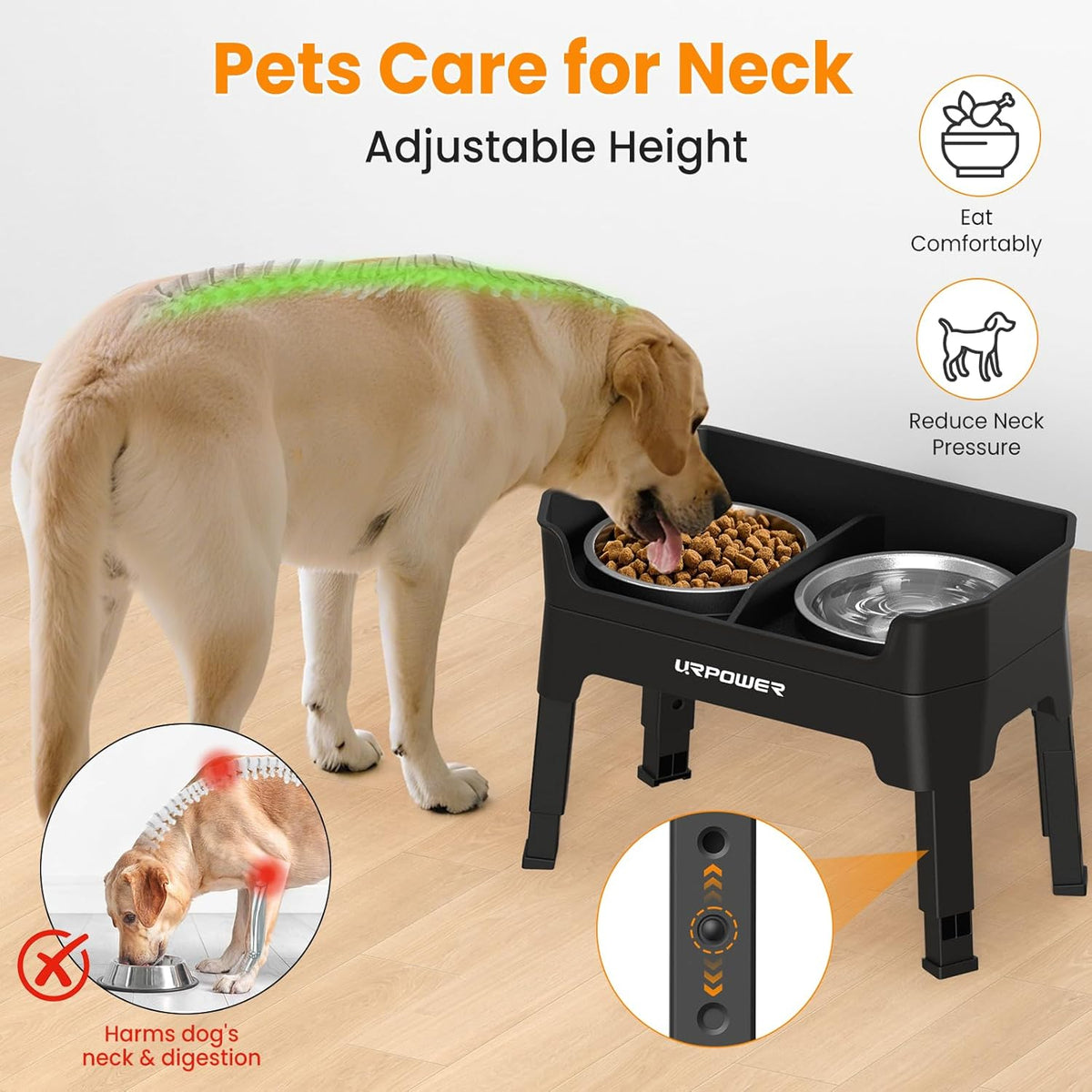 URPOWER 3-in-1 Elevated Dog Bowls - Mess Proof Double Deck 4 Height Adjustable Raised Stand with 2