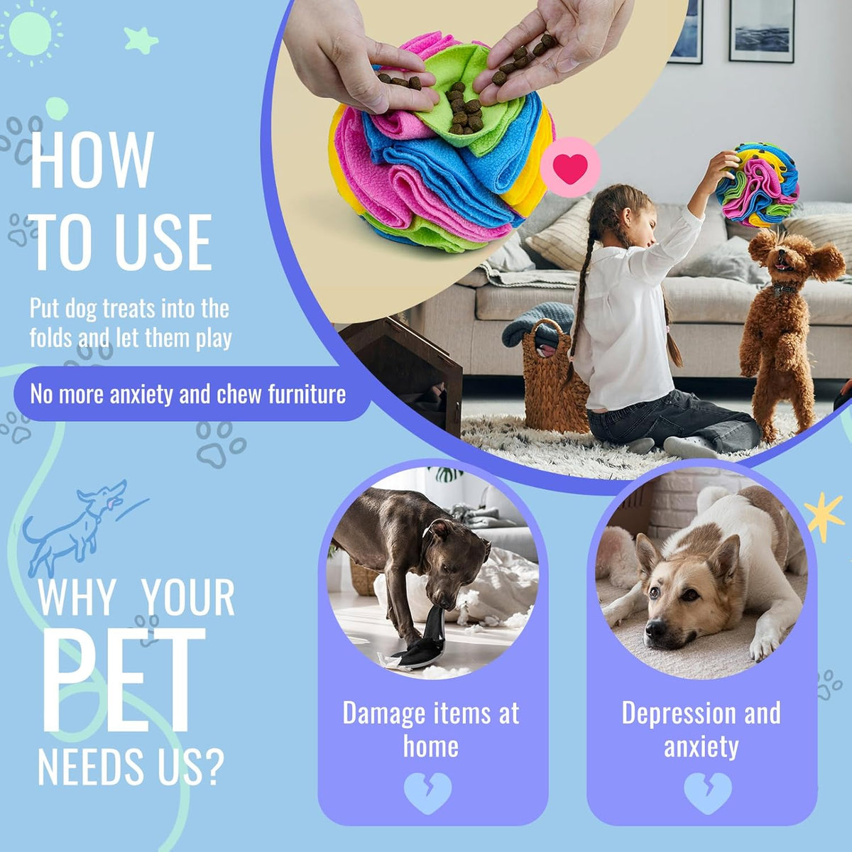 Pet Snuffle Ball, Puzzle Sniffing Interactive Dog Ball for Blind Dogs Training Stress Relief Dog