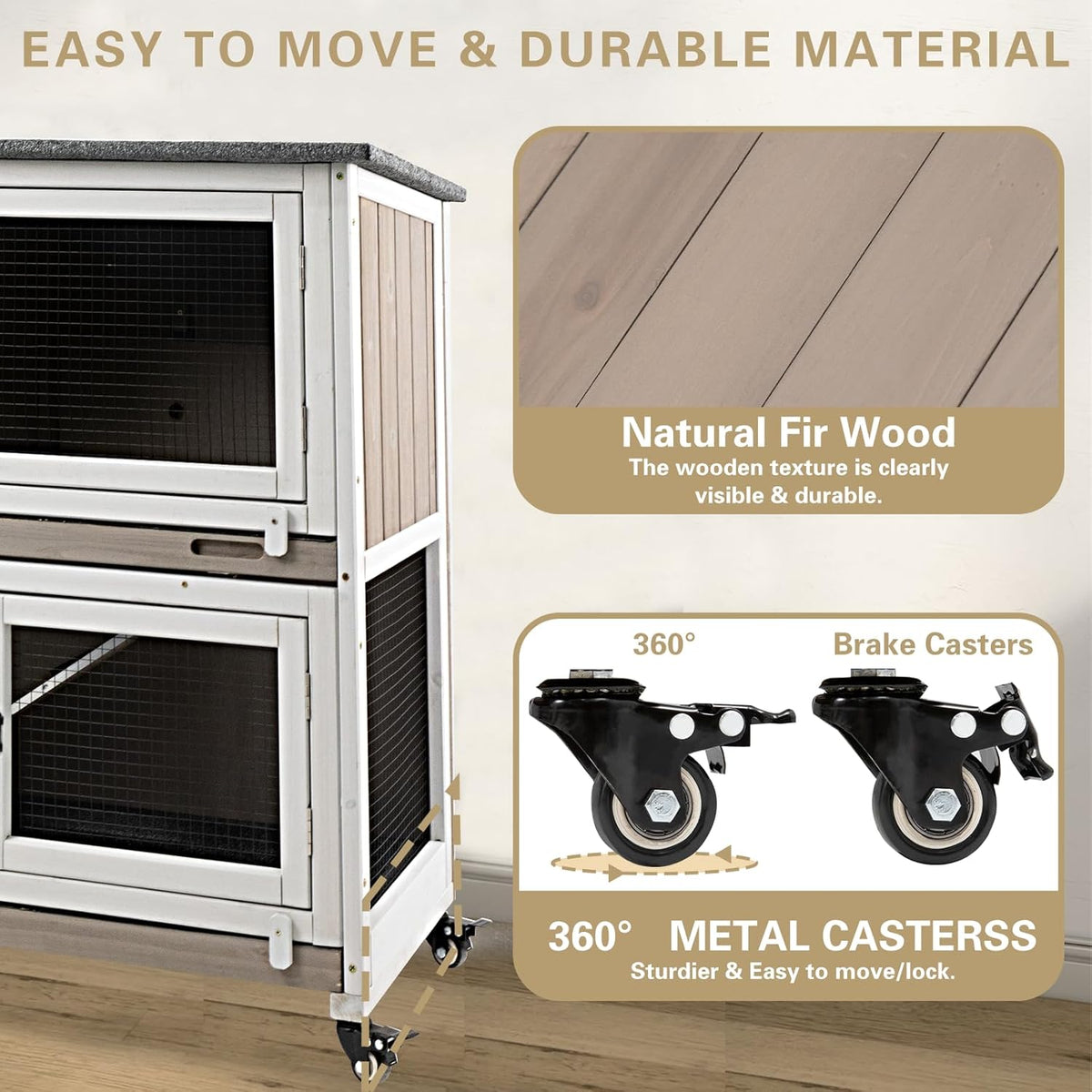 36" L Rabbit Hutch Indoor with 4 Metal Wheels, 2-Story Wooden Bunny Hutch Outdoor Bunny Cage, 2