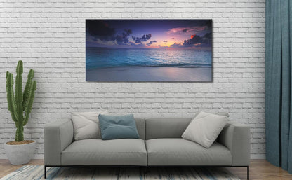Blue Ocean Sunset Canvas Wall Art – Framed Seascape Painting, Coastal Landscape Nature Decor for