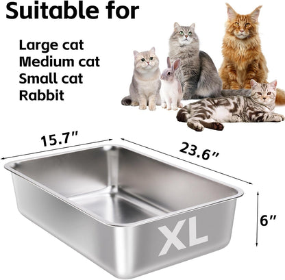 Stainless Steel Litter Box -6in High Sided,XL Metal Cat Litter Box for Big Cats Easy to Clean, Cat