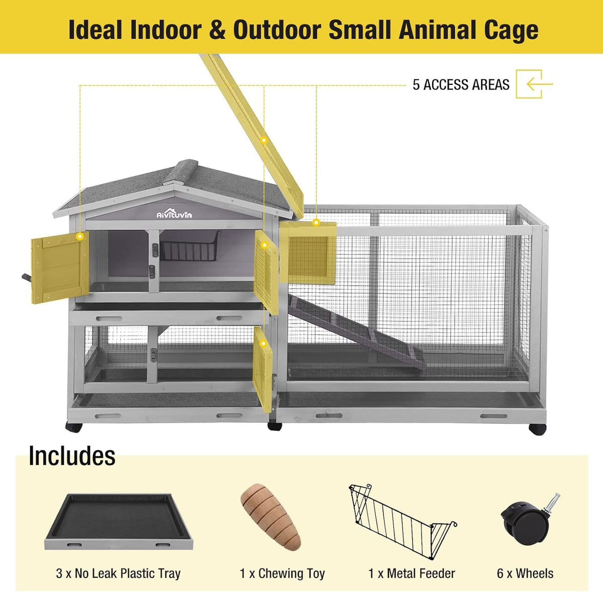 Aivituvin Rabbit Hutch Outdoor Indoor Rabbit Cage Chikcen Coop with Casters Guinea Pig Cage with 3