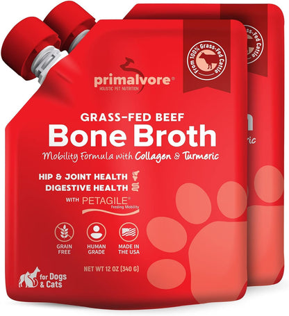 Primalvore Grass-Fed Beef Bone Broth for Dogs &Cats, Mobility Formula w/Collagen Peptides to Help