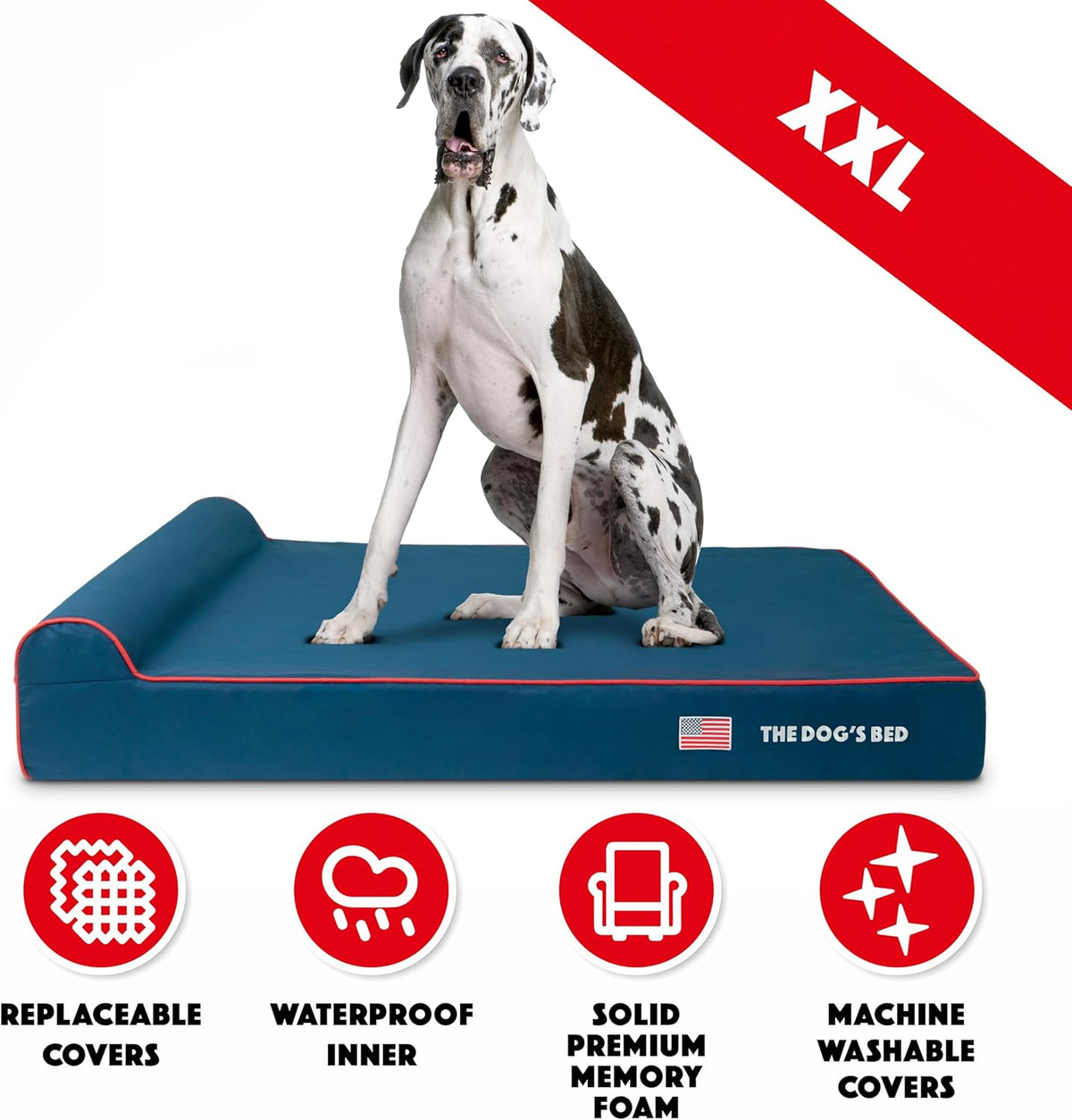 The Dog’s Bed Orthopedic Headrest Dog Bed XXL Blue Oxford with Red Trim US Flag 54x36, Memory Foam