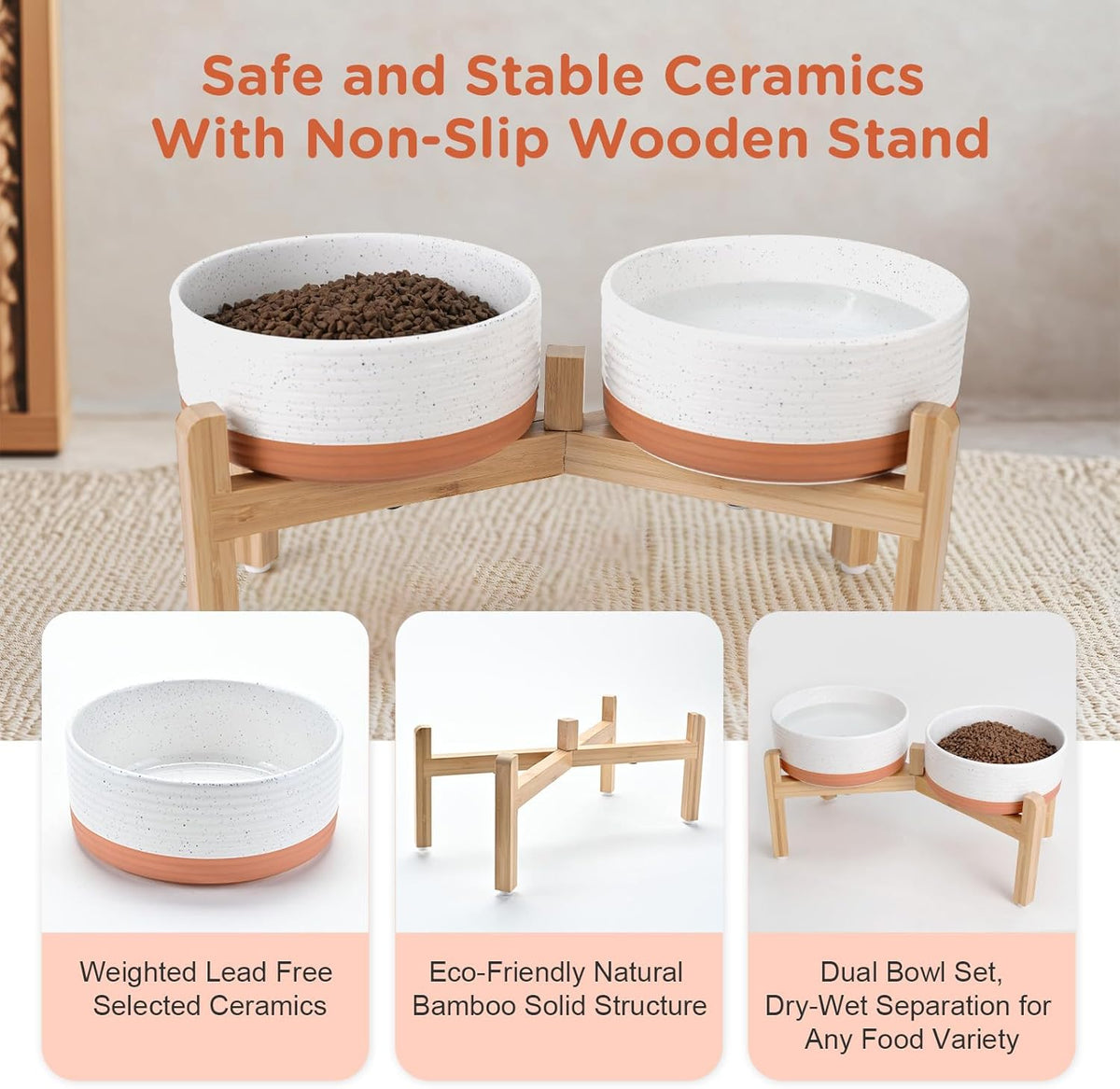 SPUNKYJUNKY Elevated Dog Bowls Ceramic, 7.3'' Dogs Food Water Bowls Raised with Non-Slip Bamboo