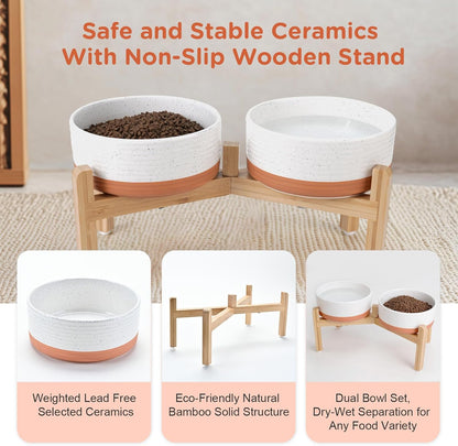 SPUNKYJUNKY Elevated Dog Bowls Ceramic, 7.3'' Dogs Food Water Bowls Raised with Non-Slip Bamboo