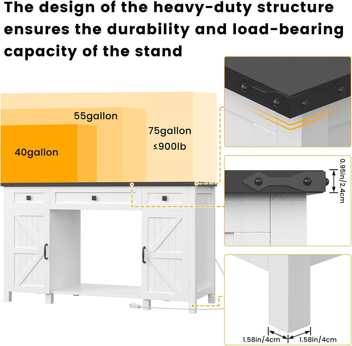 55-75 Gallon Aquarium Stand With Charging Station, Farmhouse Fish Tank Stand, Reptile Tank Stand