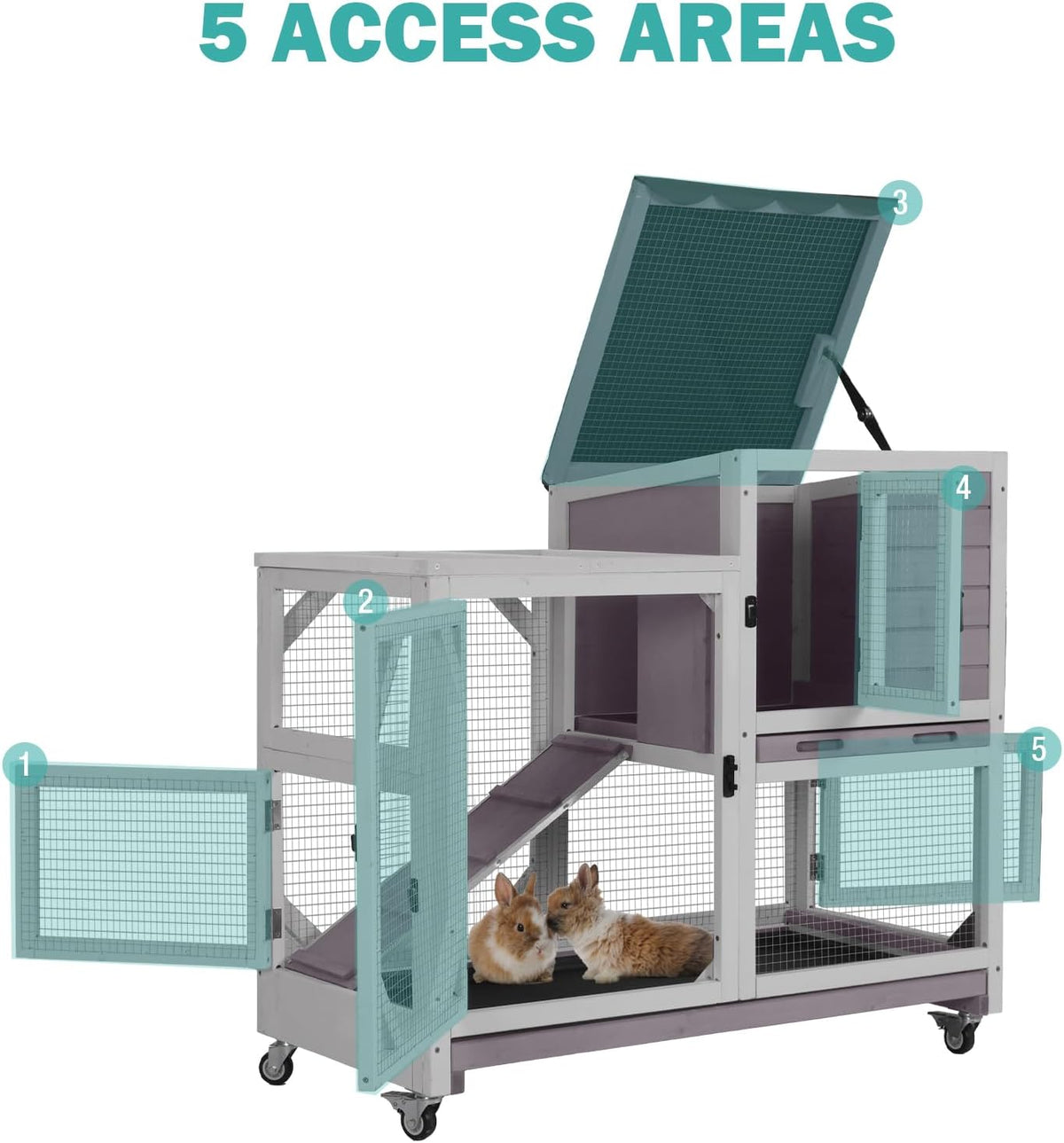 Rabbit Hutch Indoor for 2-4 Rabbits & Guinea Pigs，Bunny Cage with Slide-Out Plastic Trays，Wooden