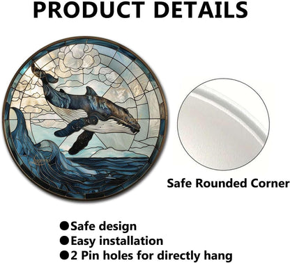 Lygond Metal Sign Tin Sign Circular Stained Glass Whale Bar Sign for Garage 8×8 Inches