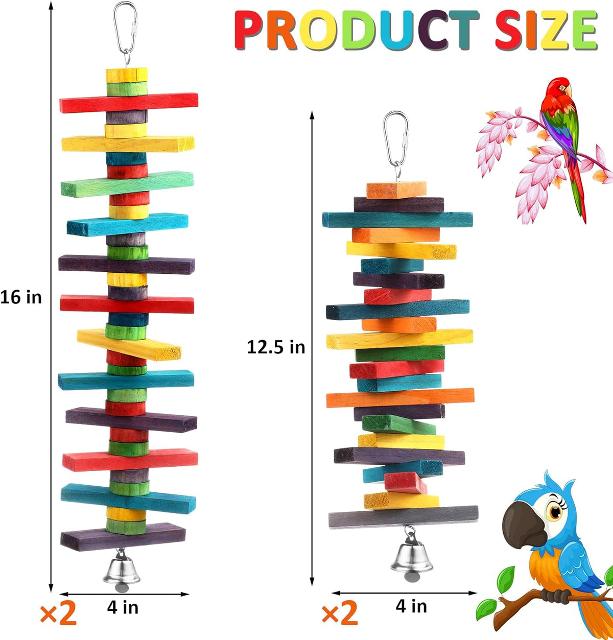 JaGely 4 Pcs Bird Parrot Toys with Multicolored Natural Wood Blocks, Bird Chew Toys for Large