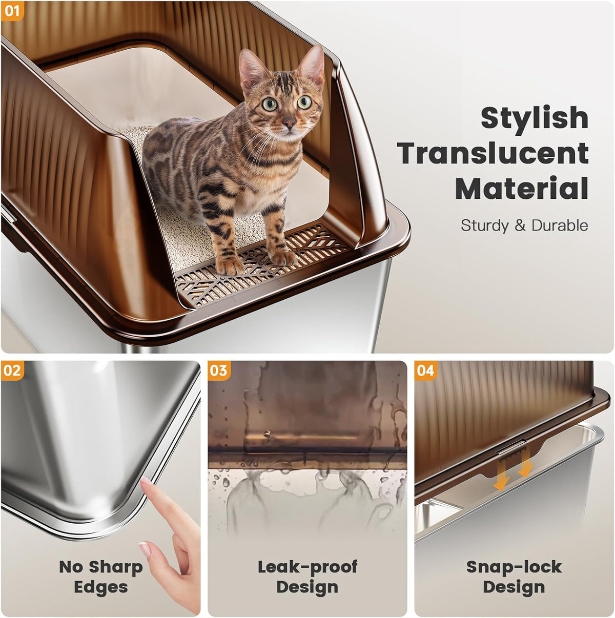 Tripamin 15” XL Stainless Steel Cat Litter Box Enclosure, XXL Stainless Steel High Sides with Lid