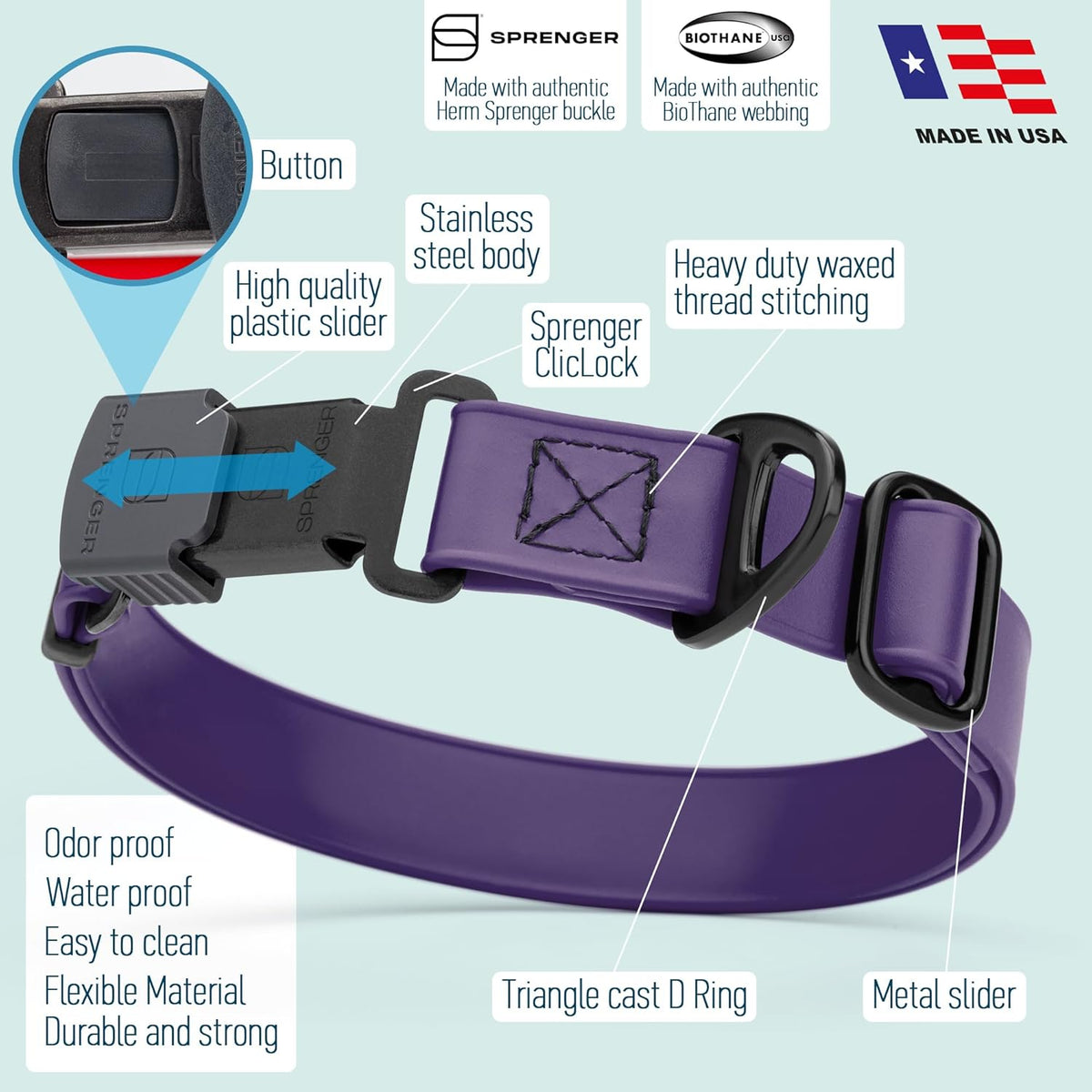 Dogline Biothane Waterproof Dog Collar with Herm Sprenger Stainless Steel Quick Release Buckle