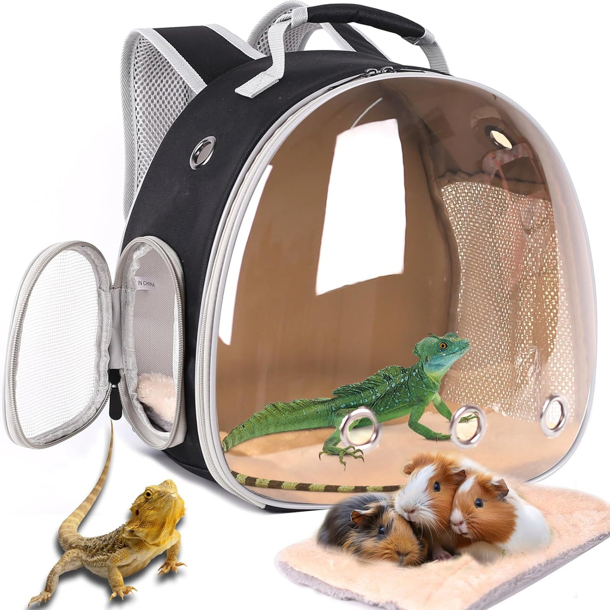 Bearded Dragon Backpack Carrier with Clear Bubble Window for Small Animal,with Soft Warm Mat