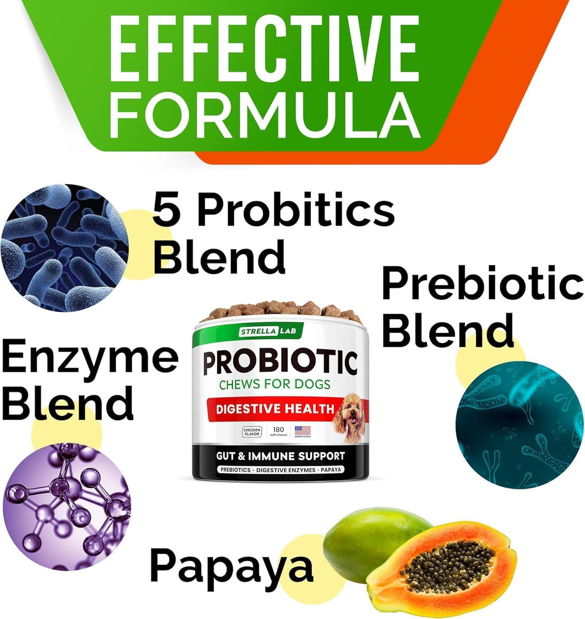 StrellaLab Dog Probiotics Treats for Picky Eaters (180ct) - Digestive Enzymes + Prebiotics