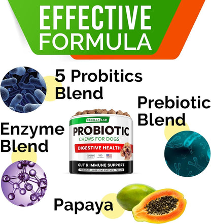 StrellaLab Dog Probiotics Treats for Picky Eaters (180ct) - Digestive Enzymes + Prebiotics