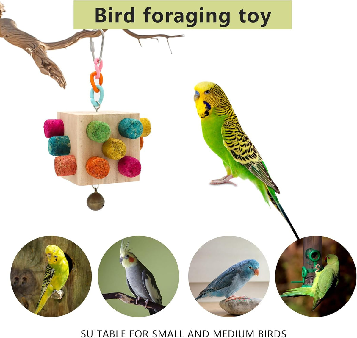 Square Bird Chew Toy, Parrot Cork Stopper Toys Bird Swing Bell Hanging Wooden Puzzle Foraging Toys