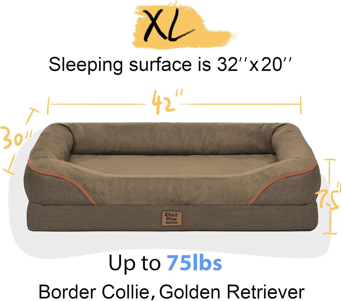 Orthopedic XL Large Dog Bed - Removable Bolster & Waterproof Washable Cover for Pet Big Dogs Bed