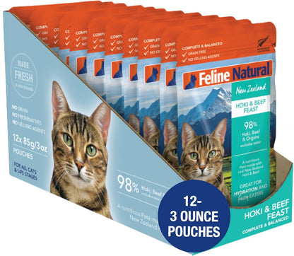 Feline Natural Wet Cat Food Pouch - Hoki & Beef Feast, Grain-Free, Grass-Fed & Sustainably Sourced