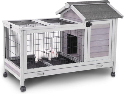 Aivituvin Wooden Rabbit Hutch with Removable Wire Floor Grid, Bunny Cage with Deeper Leakproof Tray