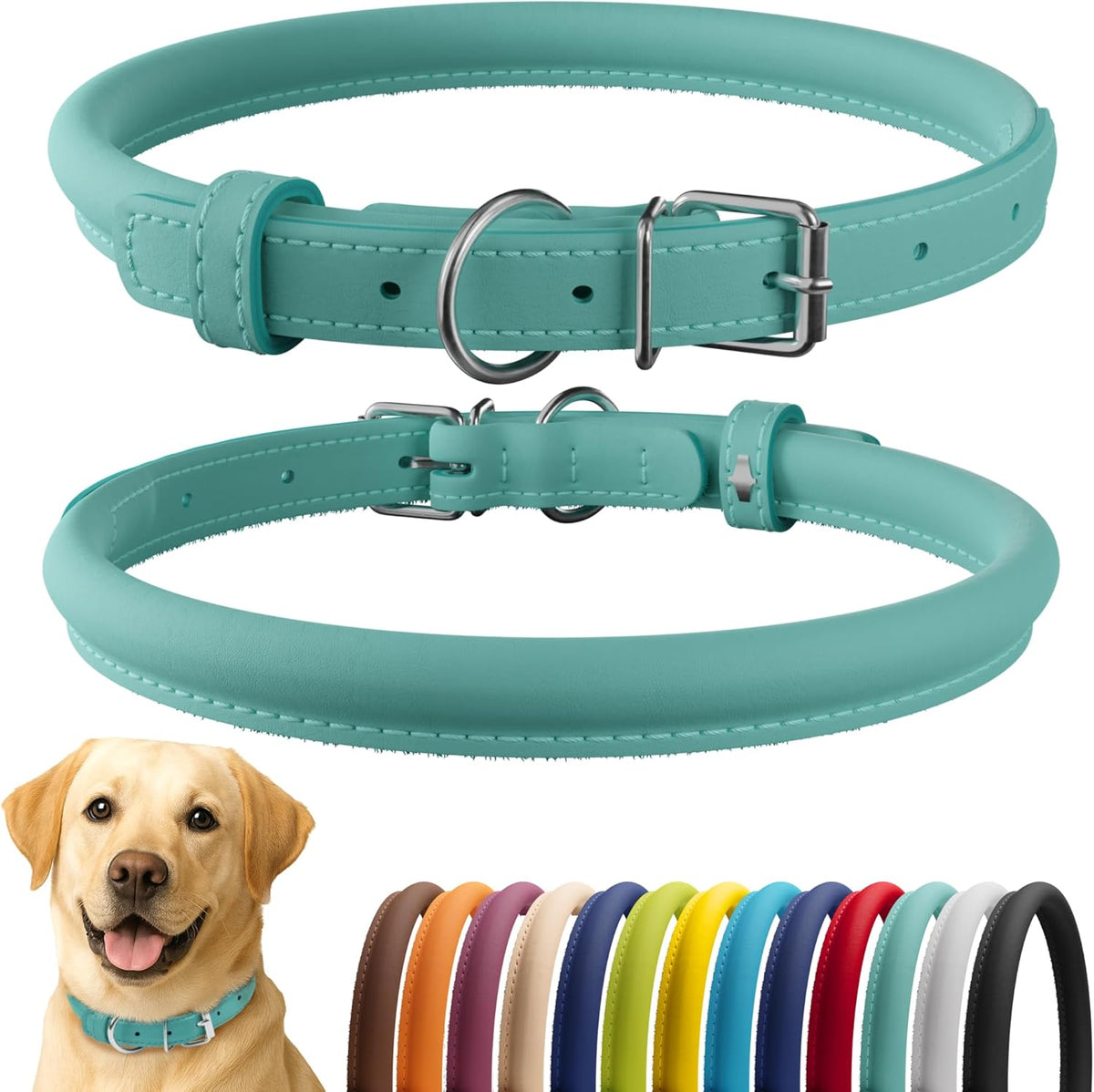 CollarDirect Rolled Leather Dog Collar, Soft Padded Round Puppy Collar, Handmade Genuine Leather