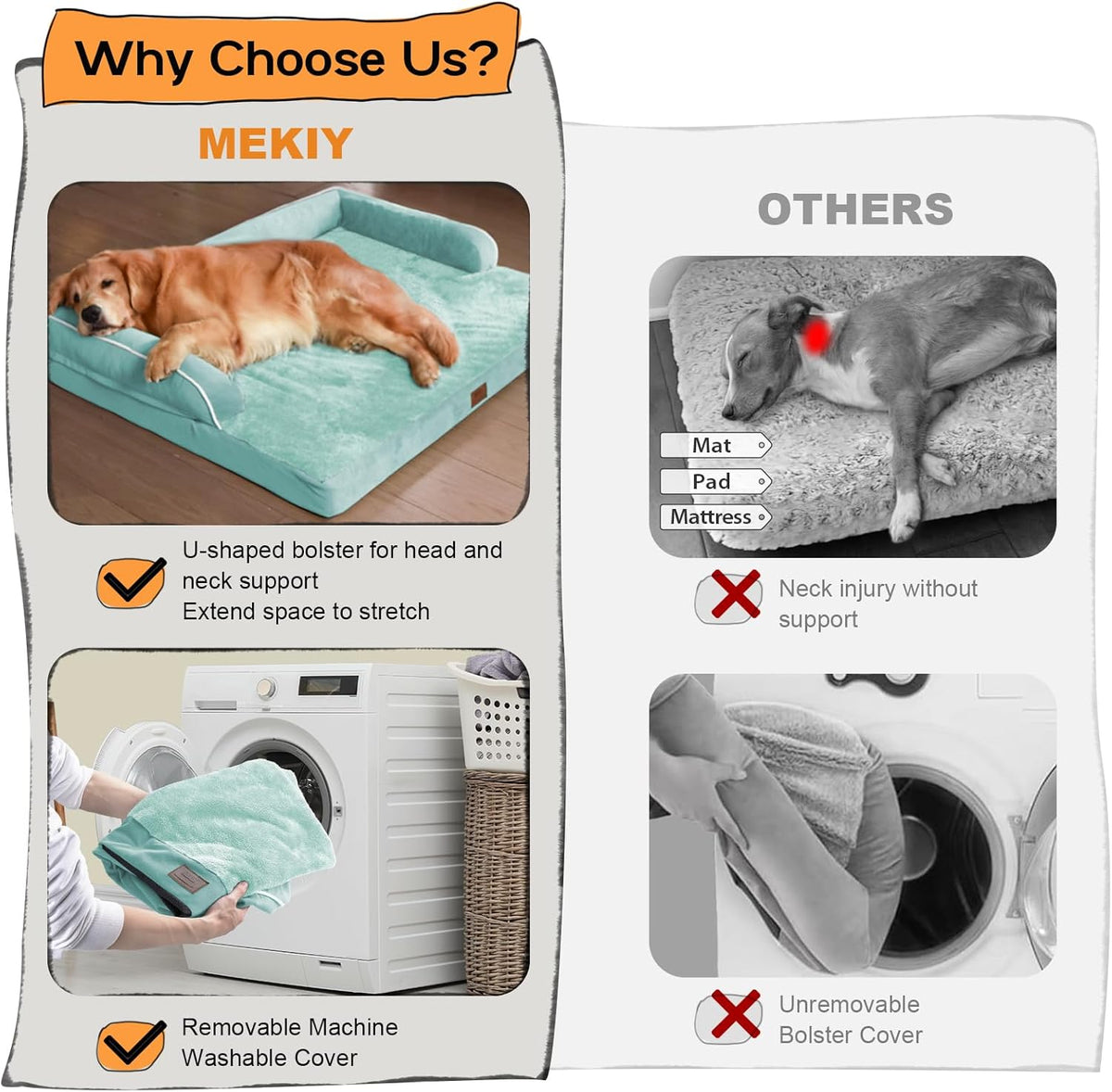 Large Dog Bed Orthopedic Washable, Orthopedic Dogs Bed with Removable Bolsters, Washable Beds for