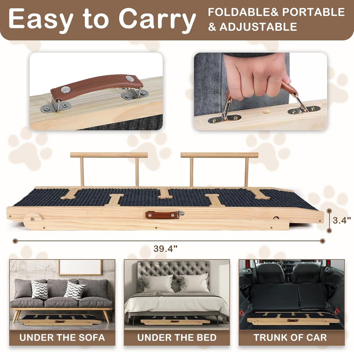 Dog Ramp for Bed, Non-Slip Pet Ramp with 5 Adjustable Heights, Portable Foldable Wooden 40" Long