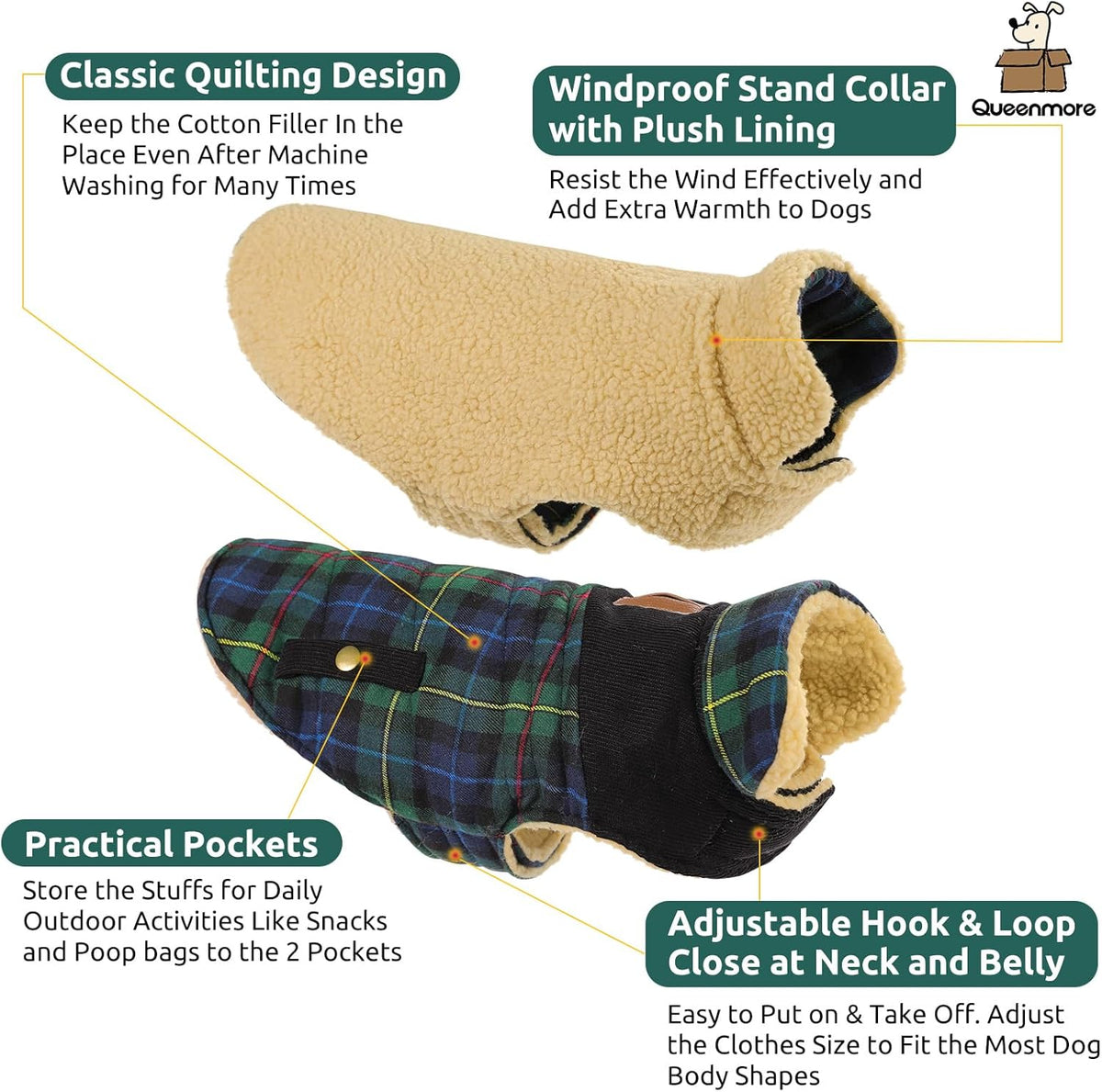 Queenmore Dog Winter Coat Warm Dog Jacket for Cold Weather, Quilting Puffer Plaid Coats for