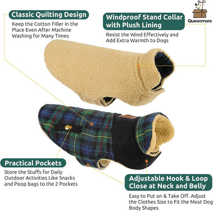 Queenmore Dog Winter Coat Warm Dog Jacket for Cold Weather, Quilting Puffer Plaid Coats for