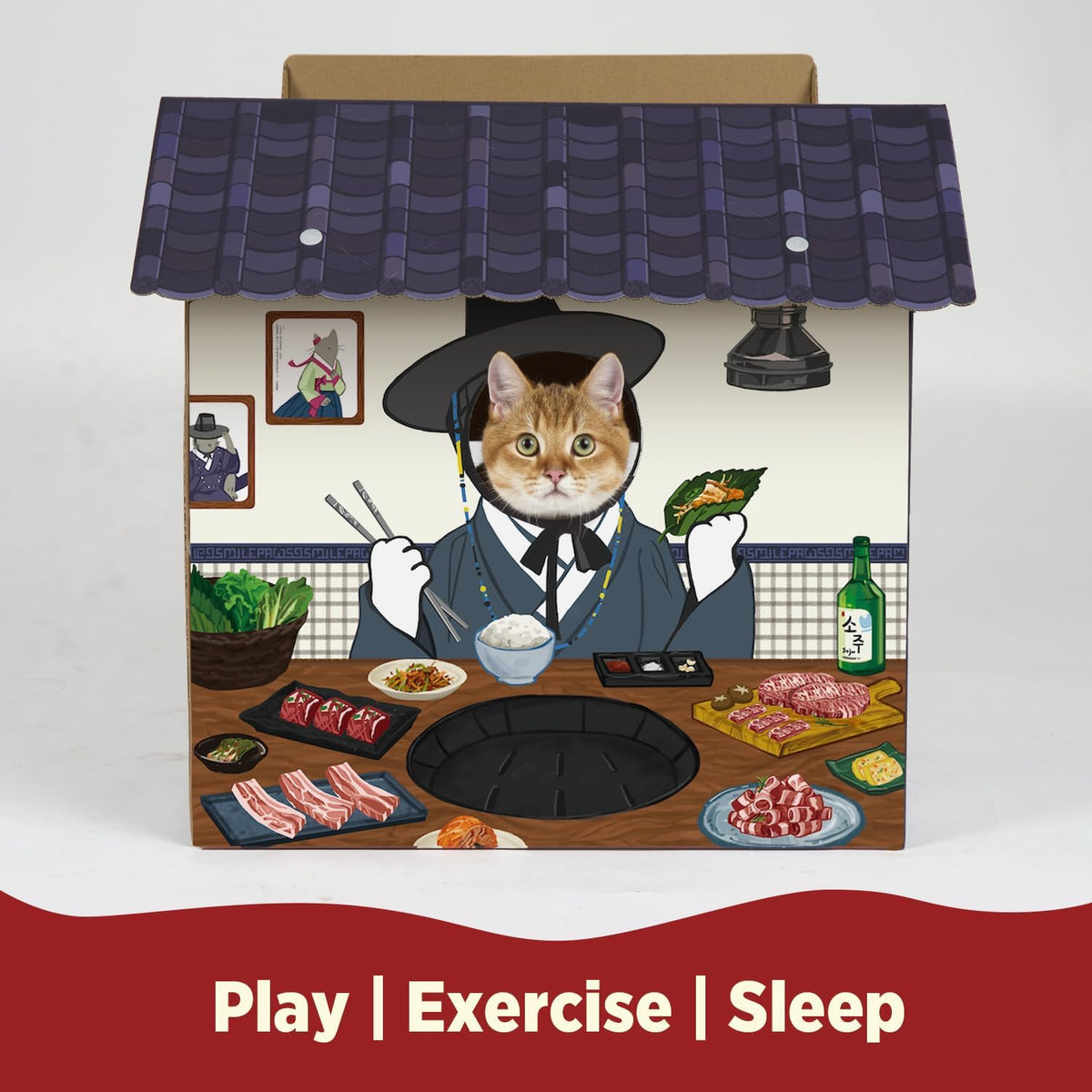 Cat Beds for Indoor Cats, Cardboard Cat House with Scratchers, Korean BBQ, Large Sturdy Cat