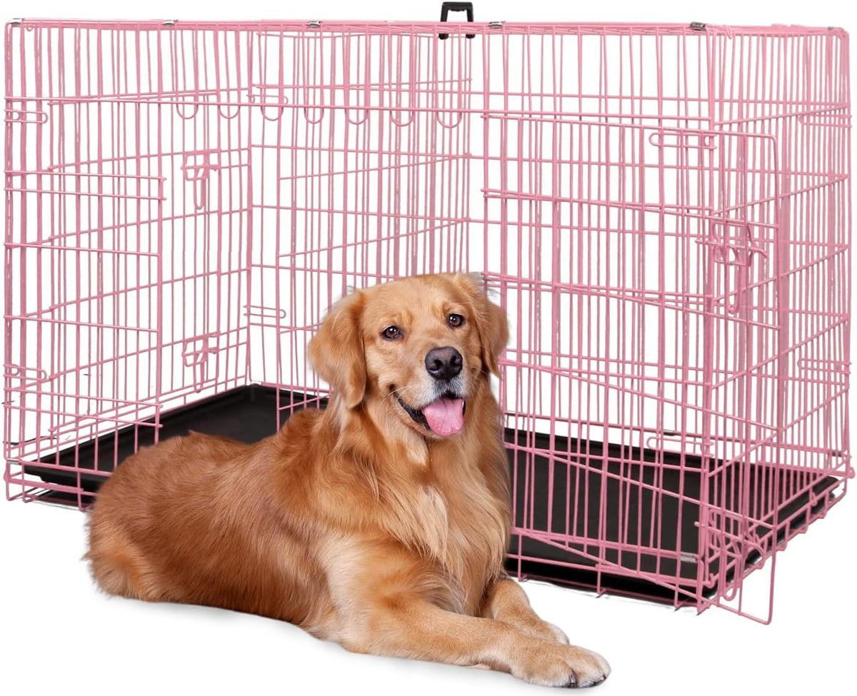 BestPet | Dog Crate | 48" | Pink | Foldable Metal Kennel with Double Doors, Secure Slide-Bolt