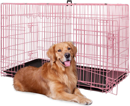 BestPet | Dog Crate | 48" | Pink | Foldable Metal Kennel with Double Doors, Secure Slide-Bolt