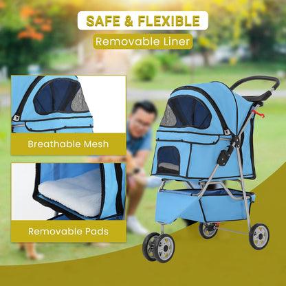 Foldable Pet Stroller for Cats and Dogs 3 Wheels Carrier Strolling Cart with Weather Cover, Mesh